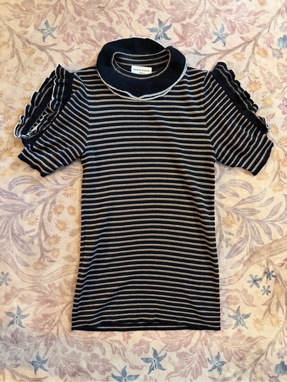 Sonia Rykiel Striped Ruffle Sleeve Knit Top - Black & White